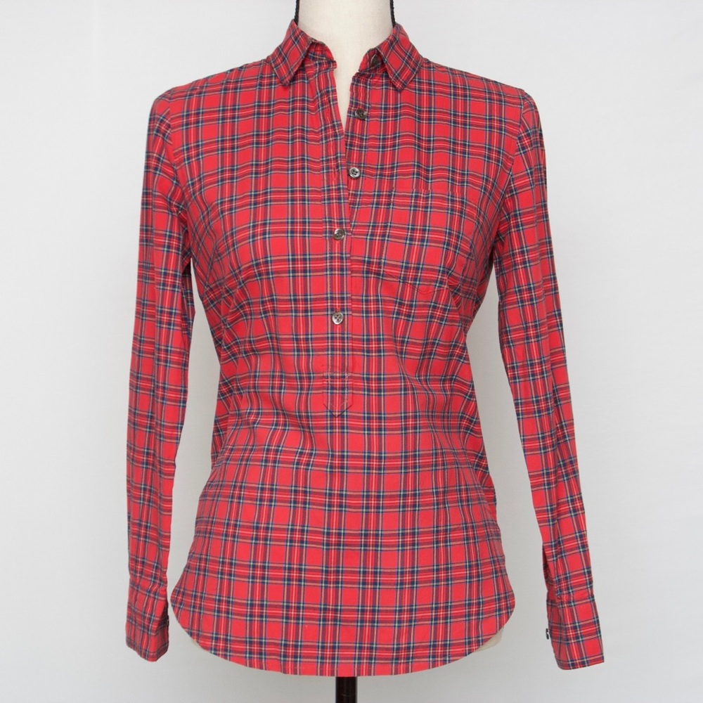 J Crew Plaid Half Button Popover Blouse